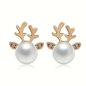 Gold and White Reindeer Pearl Earrings